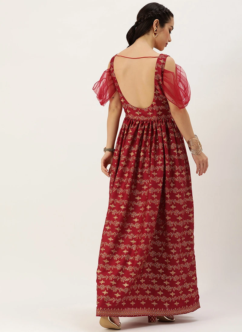 Teen Girls Maroon Art Silk Foil Printed Gown Festive Wear - Image 4