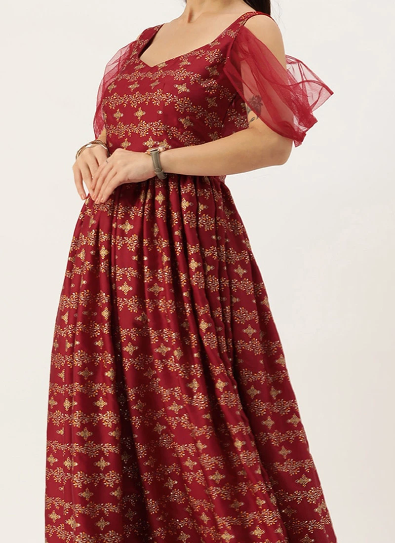 Teen Girls Maroon Art Silk Foil Printed Gown Festive Wear