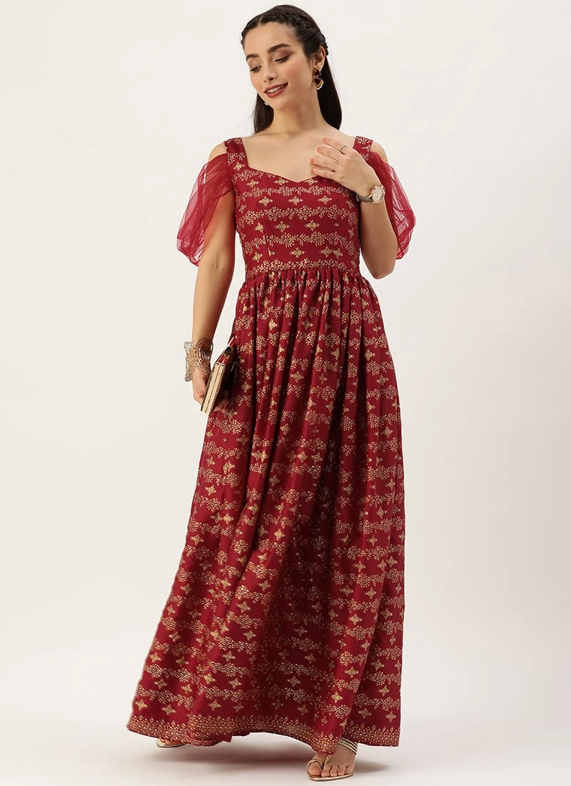 Teen Girls Maroon Art Silk Foil Printed Gown Festive Wear - Image 3