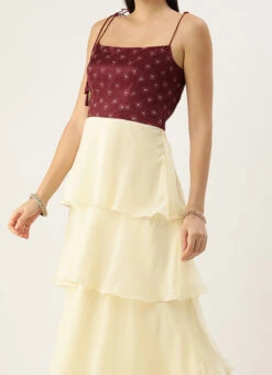 Teen Girls Maroon Art Silk Printed N Off White Layered Dress Festive Wear