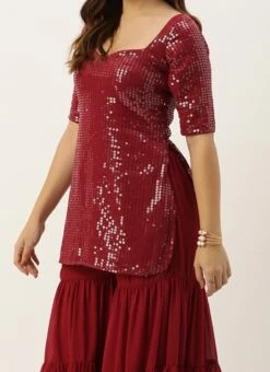 Teen Girls Maroon Embroidered Georgette Palazzo Suit Festive Wear