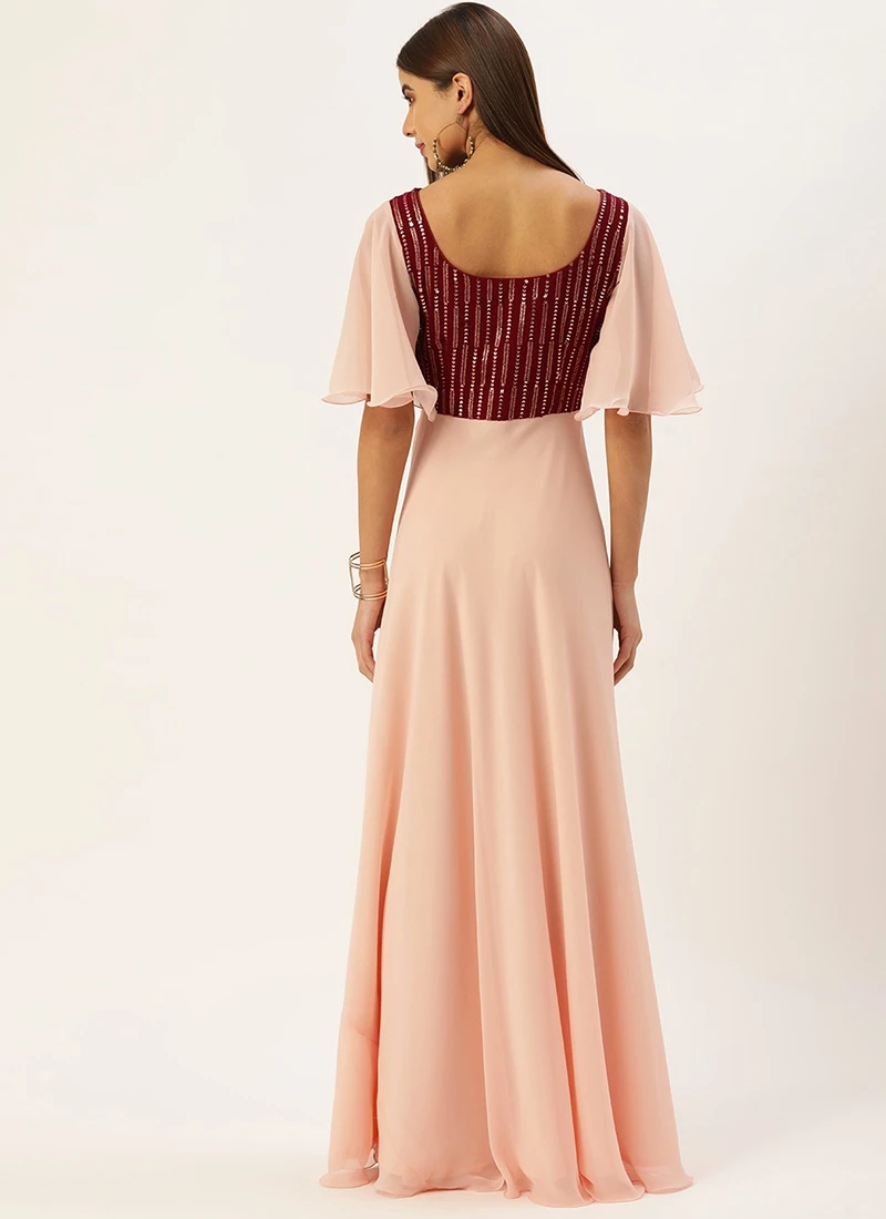 Teen Girls Maroon Embroidered N Pink Georgette Gown Party Wear - Image 4