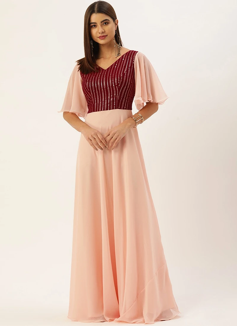 Teen Girls Maroon Embroidered N Pink Georgette Gown Party Wear - Image 3