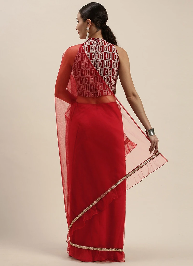 Teen Girls Maroon Embroidered N Red Ruffles Saree Party Wear - Image 4