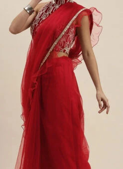 Teen Girls Maroon Embroidered N Red Ruffles Saree Party Wear