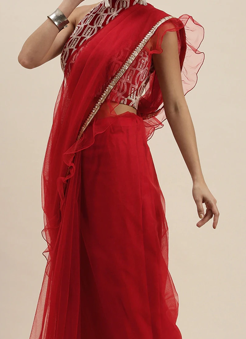 Teen Girls Maroon Embroidered N Red Ruffles Saree Party Wear