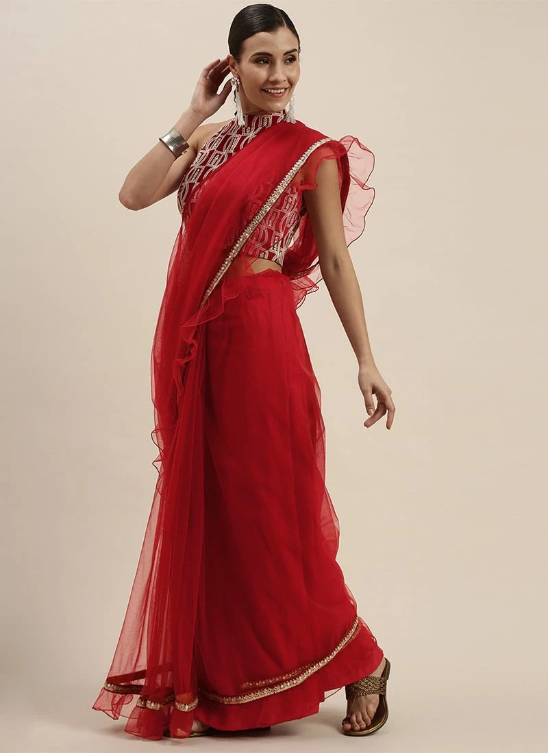 Teen Girls Maroon Embroidered N Red Ruffles Saree Party Wear - Image 3