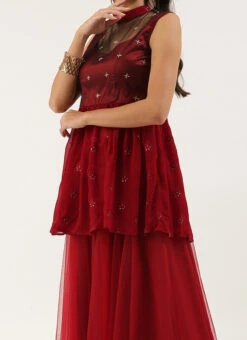 Teen Girls Maroon Embroidered Sharara Suit Festive Wear
