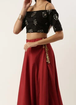 Teen Girls Maroon N Black Chinon Embroidered Lehenga Set Festive Wear