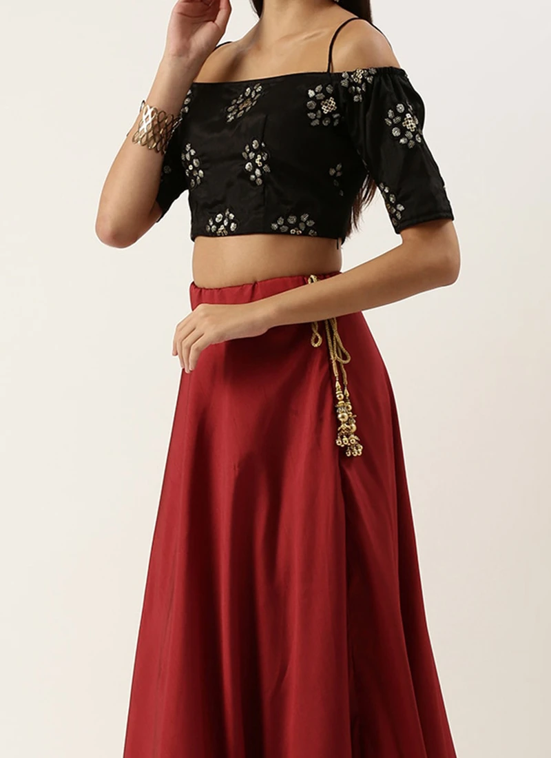 Teen Girls Maroon N Black Chinon Embroidered Lehenga Set Festive Wear