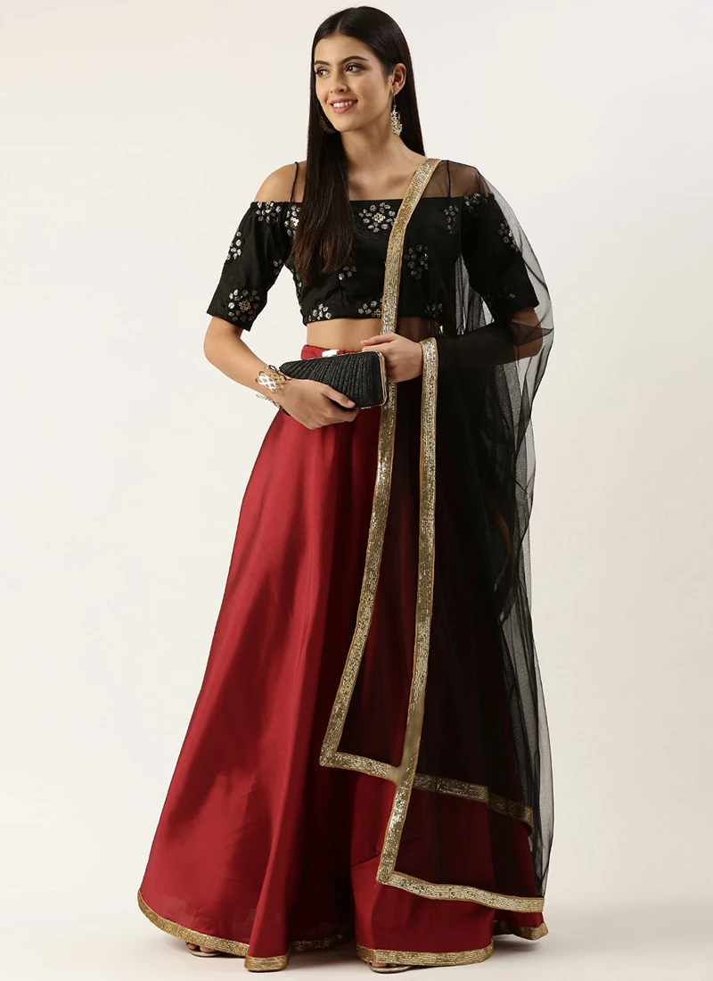 Teen Girls Maroon N Black Chinon Embroidered Lehenga Set Festive Wear - Image 3