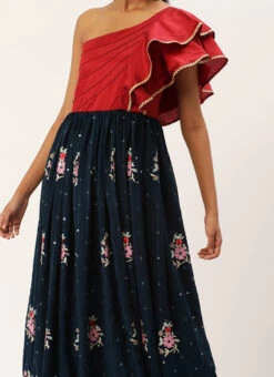 Teen Girls Maroon N Blue Sequins Georgette Gown Festive Wear