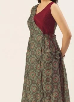 Teen Girls Maroon N Grey Printed Art Silk Anarkali Set Festive Wear