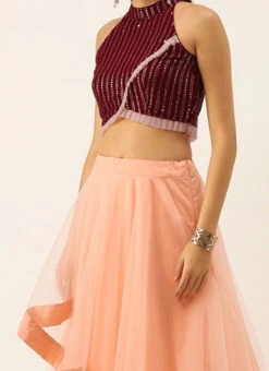 Teen Girls Maroon N Peach Halter Neck Lehenga Party Wear