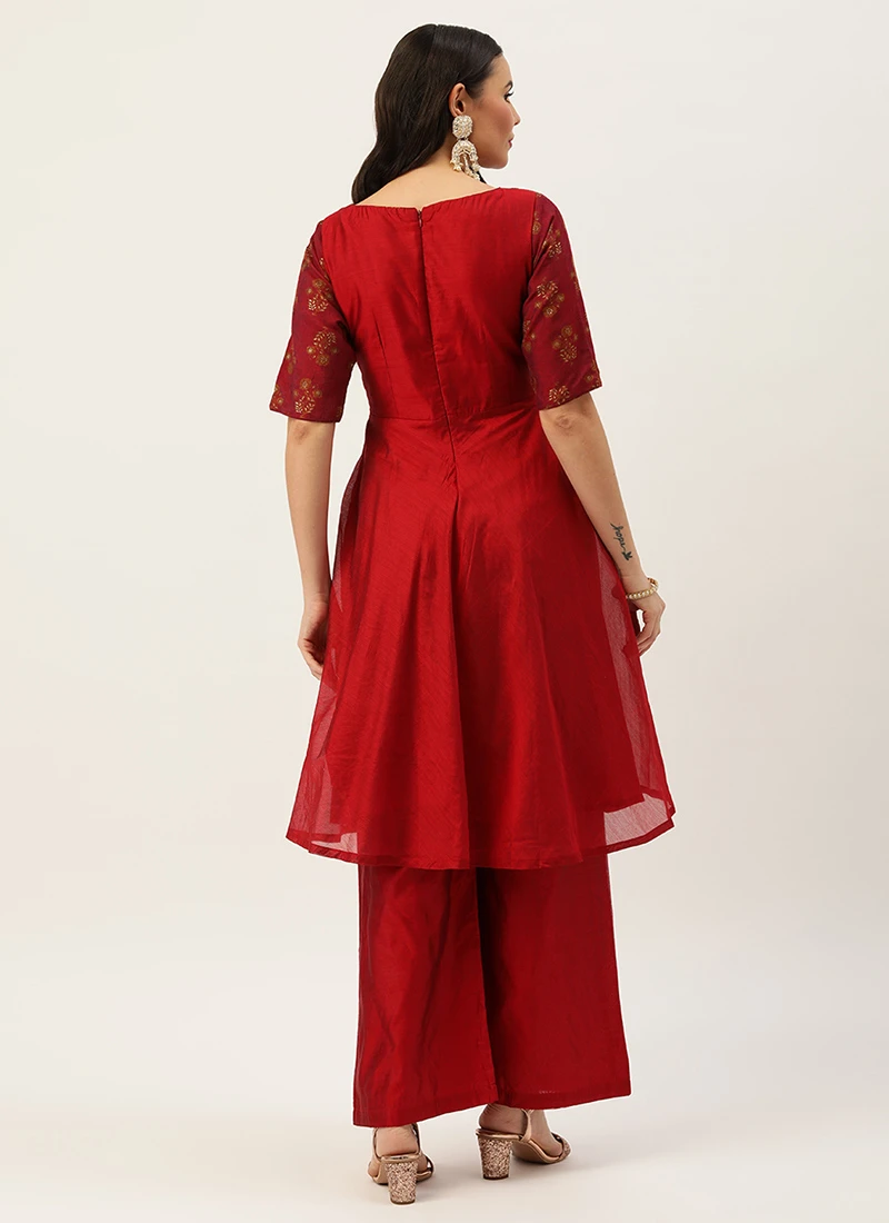 Teen Girls Maroon Printed Kurta Set Festive Wear - Image 4