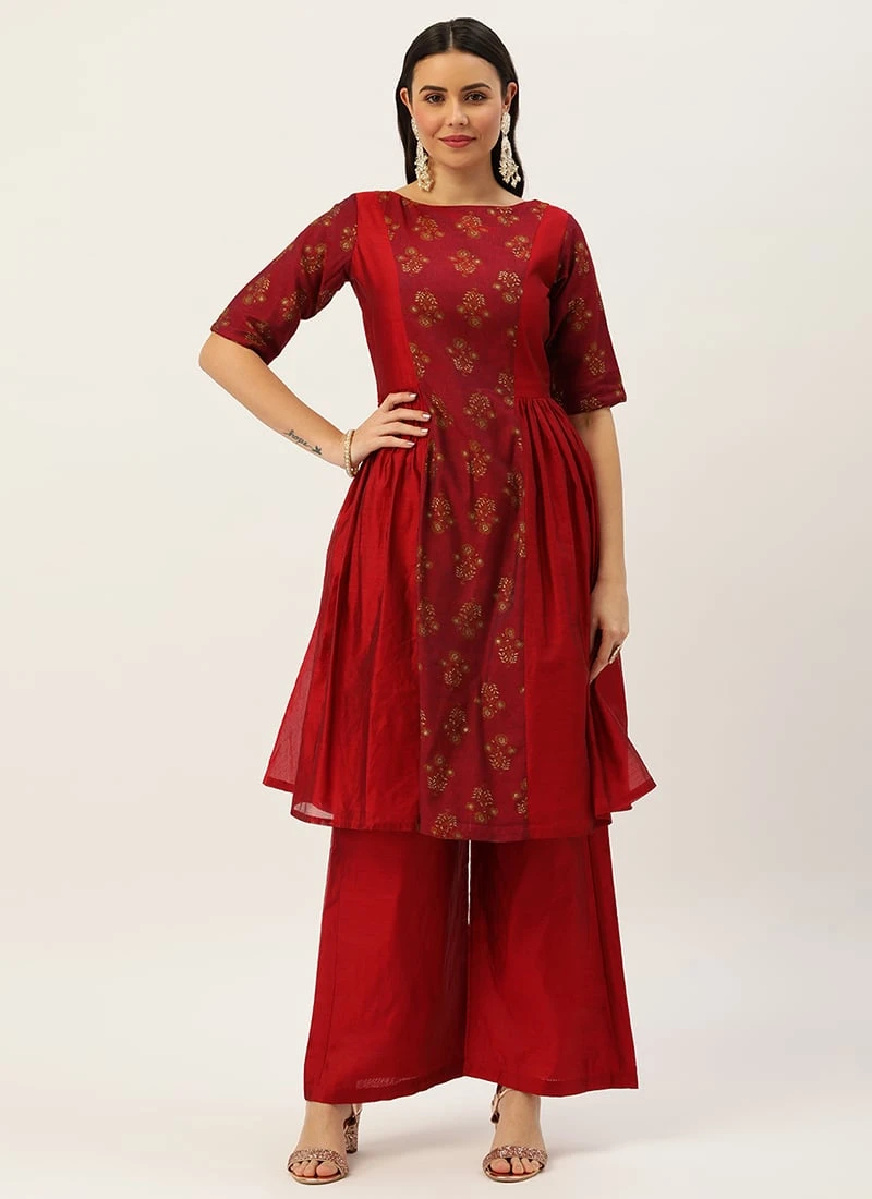 Teen Girls Maroon Printed Kurta Set Festive Wear - Image 3