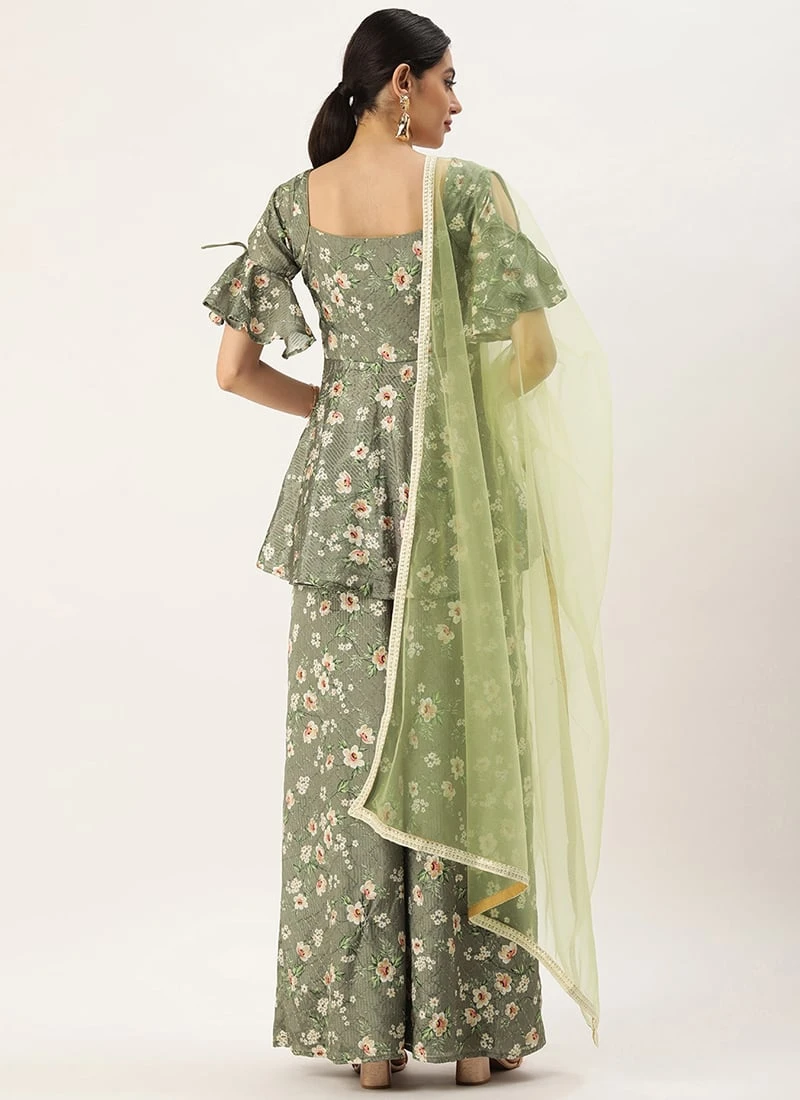 Teen Girls Mehndi Green Georgette Printed Palazzo Suit Festive Wear - Image 4