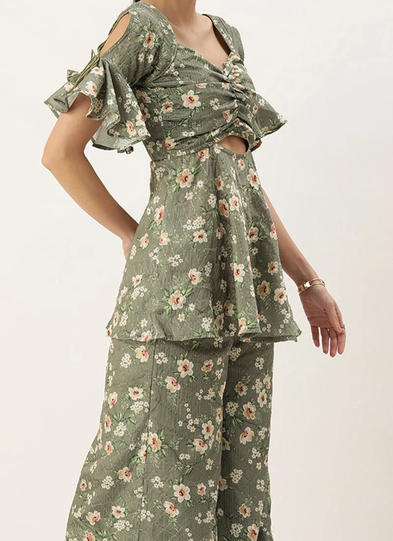 Teen Girls Mehndi Green Georgette Printed Palazzo Suit Festive Wear