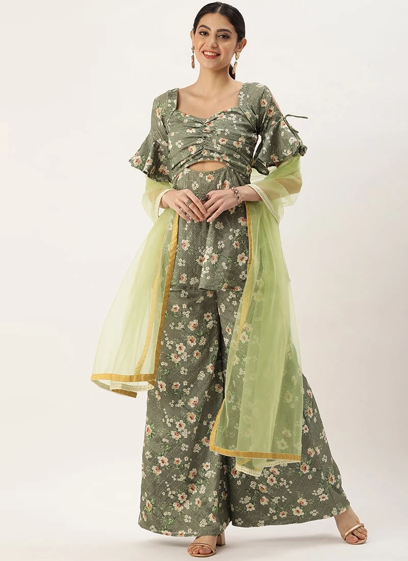 Teen Girls Mehndi Green Georgette Printed Palazzo Suit Festive Wear - Image 3