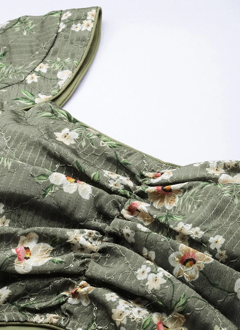 Teen Girls Mehndi Green Georgette Printed Palazzo Suit Festive Wear - Image 5