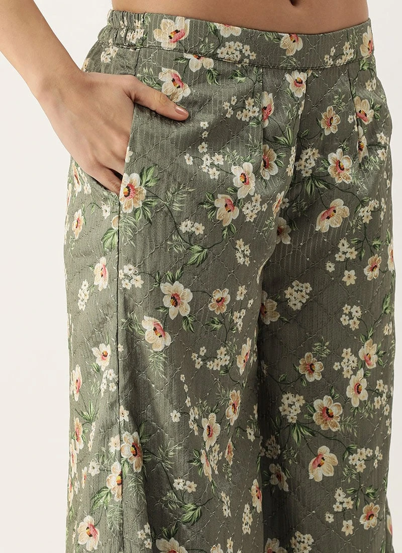 Teen Girls Mehndi Green Georgette Printed Palazzo Suit Festive Wear - Image 6