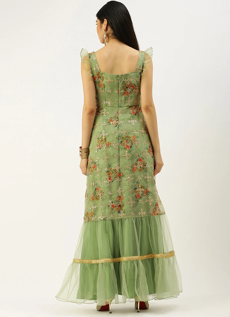Teen Girls Mint Green Embroidered Gathered Style Gown Party Wear - Image 4
