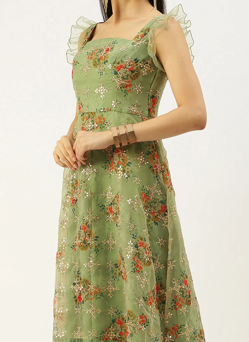 Teen Girls Mint Green Embroidered Gathered Style Gown Party Wear