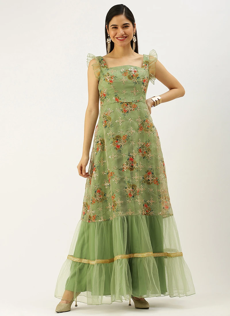 Teen Girls Mint Green Embroidered Gathered Style Gown Party Wear - Image 3