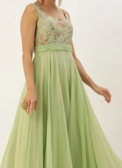 Teen Girls Mint Green Embroidered Gown Festive Wear