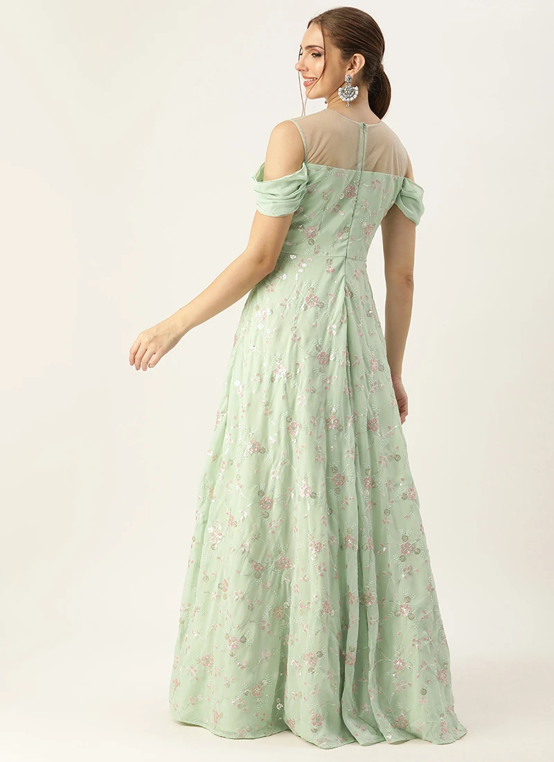 Teen Girls Mint Green Georgette Embroidered Gown Festive Wear - Image 4