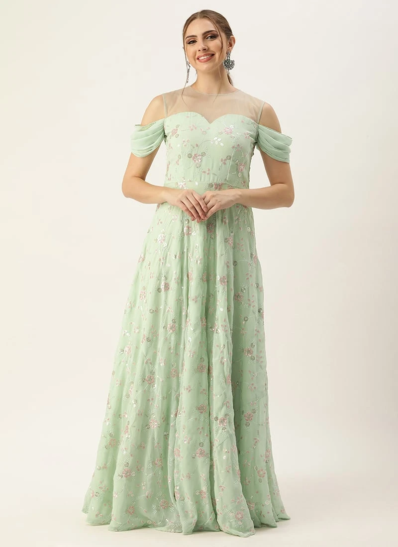 Teen Girls Mint Green Georgette Embroidered Gown Festive Wear - Image 3