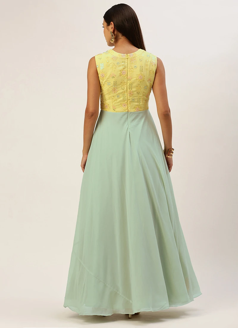 Teen Girls Mint Green N Yellow Georgette Embroidered Gown Festive Wear - Image 4