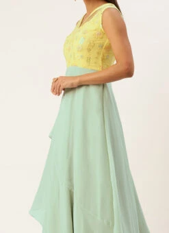 Teen Girls Mint Green N Yellow Georgette Embroidered Gown Festive Wear