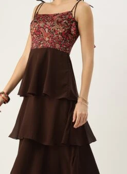 Teen Girls Multicolored Art Silk Printed N Brown Layered Dress Festive Wear