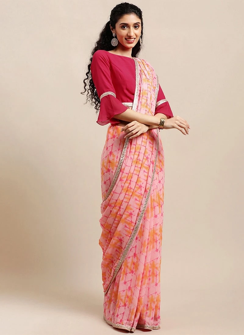 Teen Girls Multicolored Digital Printed Georgette Border Saree After Six Wear - Image 3