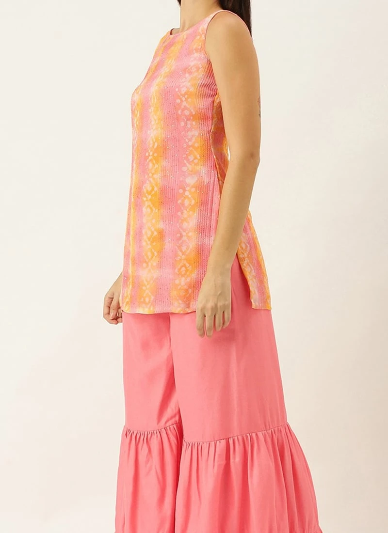 Teen Girls Multicolored Embroidered Chinon Sharara Suit Festive Wear