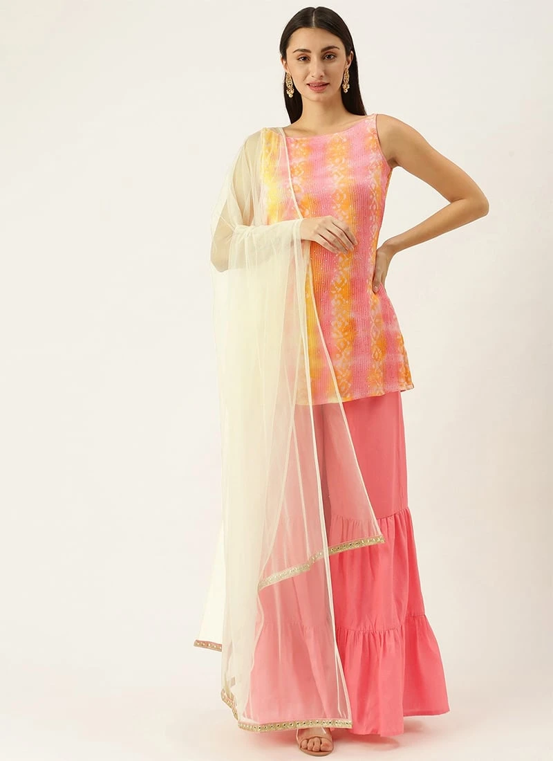 Teen Girls Multicolored Embroidered Chinon Sharara Suit Festive Wear - Image 3