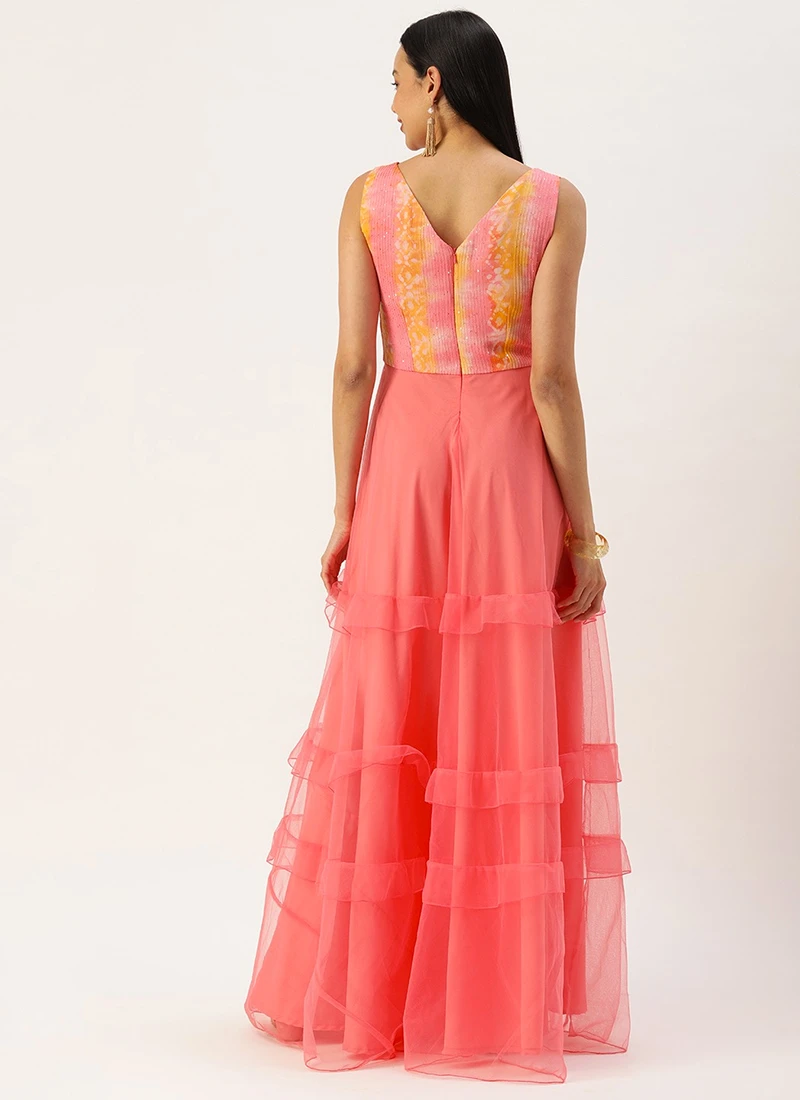 Teen Girls Multicolored Embroidered N Pink Ruffles Gown Festive Wear - Image 4