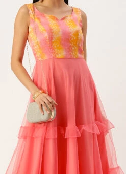 Teen Girls Multicolored Embroidered N Pink Ruffles Gown Festive Wear
