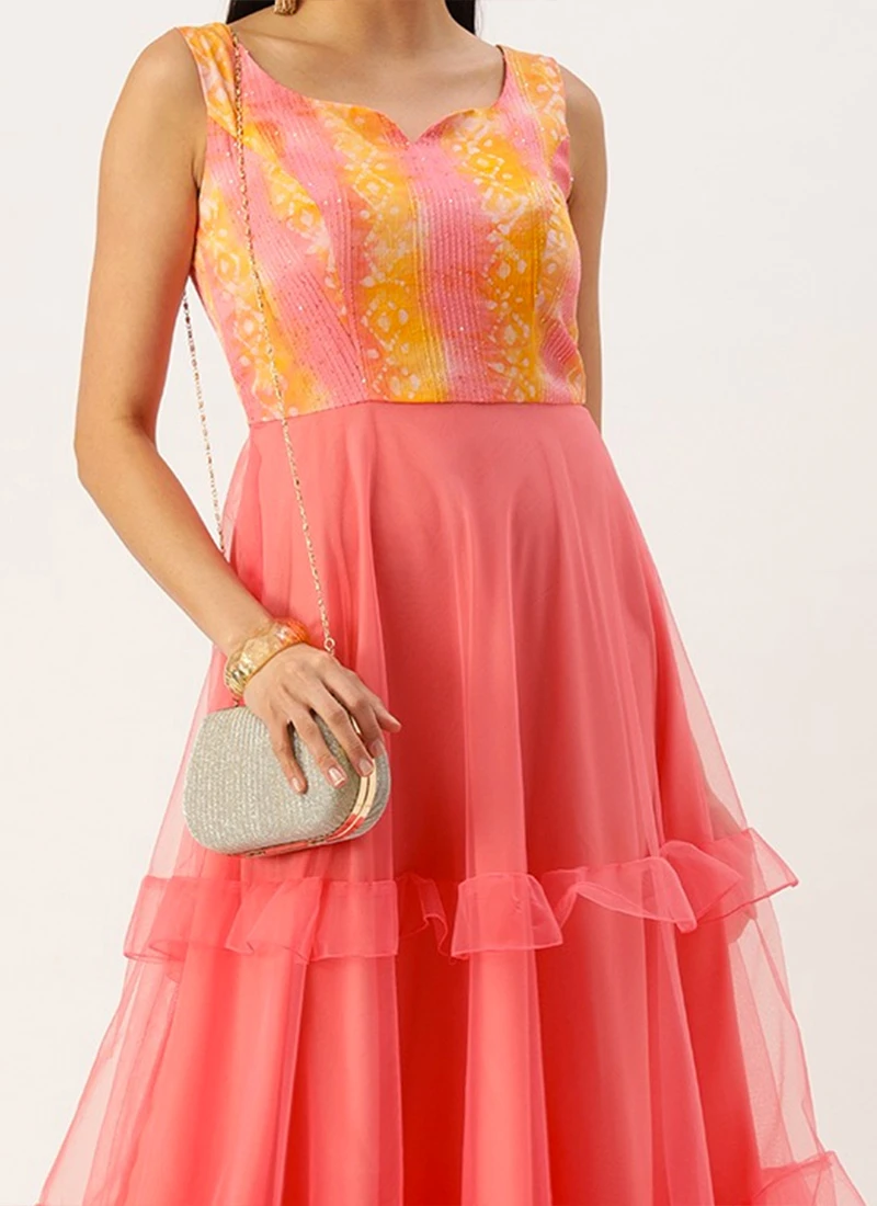Teen Girls Multicolored Embroidered N Pink Ruffles Gown Festive Wear