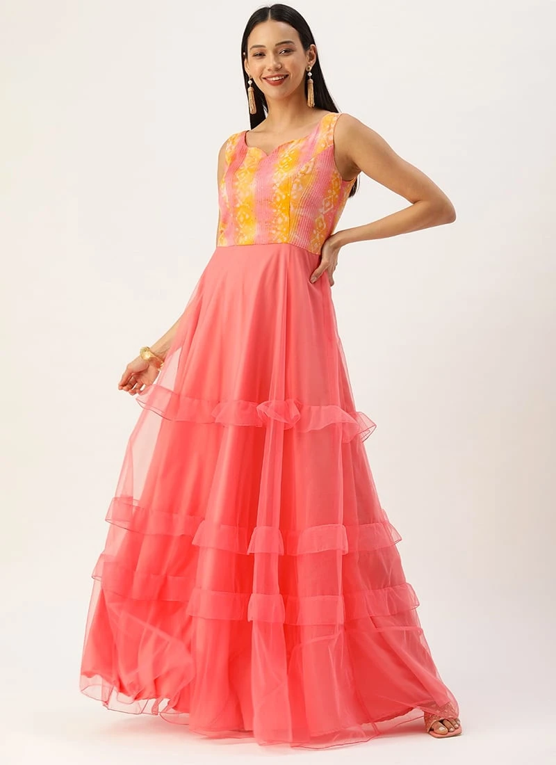 Teen Girls Multicolored Embroidered N Pink Ruffles Gown Festive Wear - Image 3