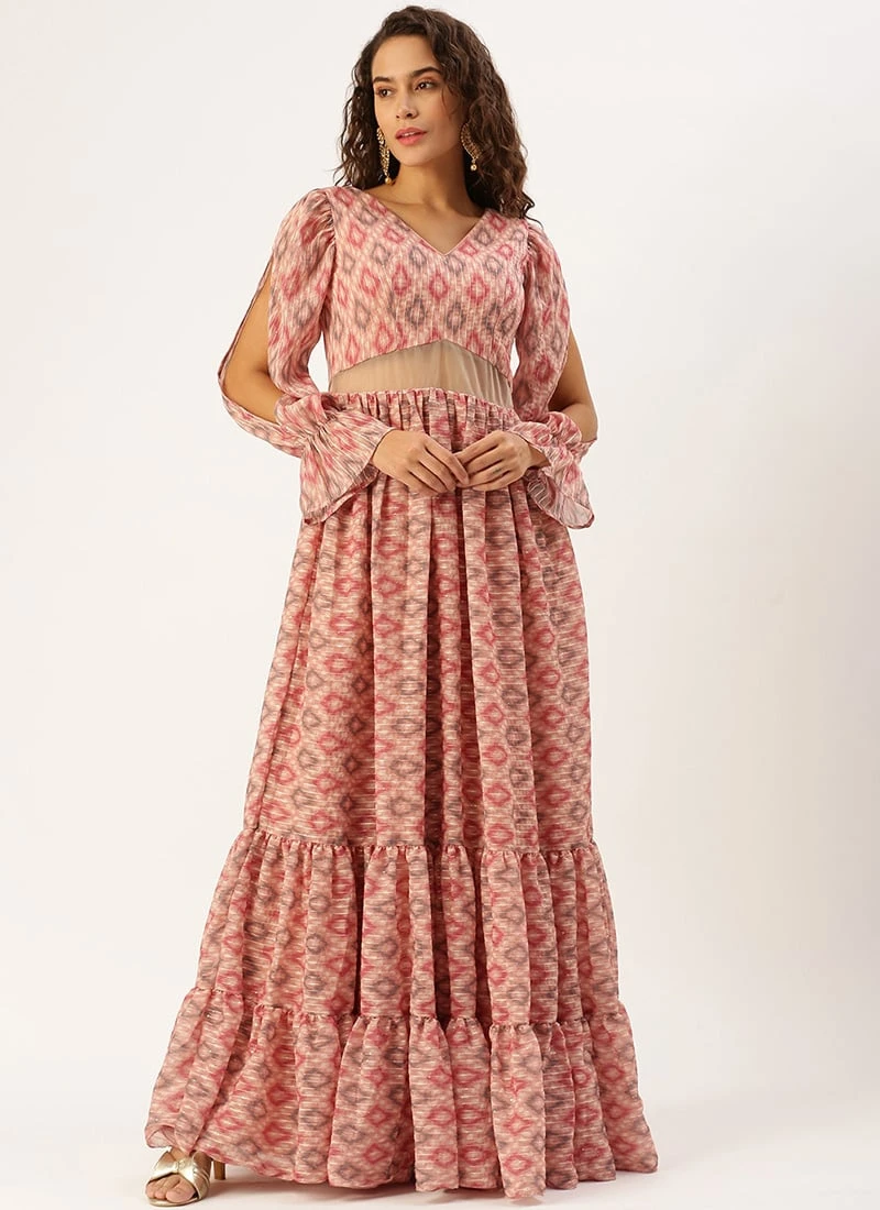 Teen Girls Multicolored Georgette Printed Gown Festive Wear - Image 3