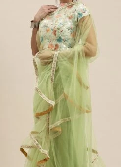 Teen Girls Multicolored N Green Embroidered Ruffle Net Saree Party Wear