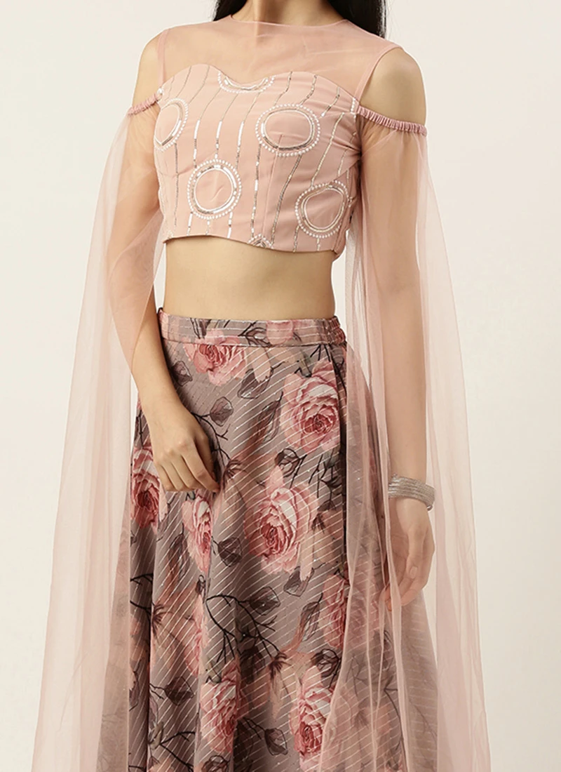 Teen Girls Multicolored N Pink Embroidered Crop Top N Skirt Party Wear