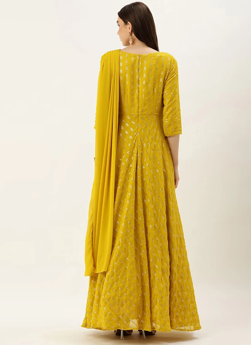 Teen Girls Mustard Embroidered Dupatta Draped Style Gown Wedding Wear - Image 4