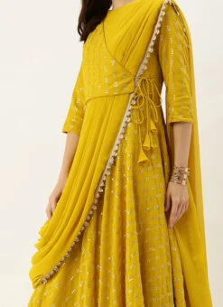 Teen Girls Mustard Embroidered Dupatta Draped Style Gown Wedding Wear