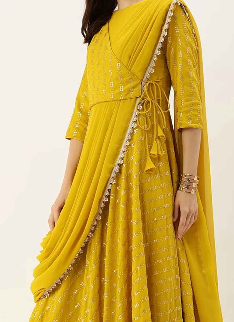 Teen Girls Mustard Embroidered Dupatta Draped Style Gown Wedding Wear