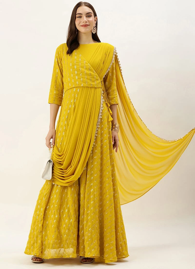 Teen Girls Mustard Embroidered Dupatta Draped Style Gown Wedding Wear - Image 3