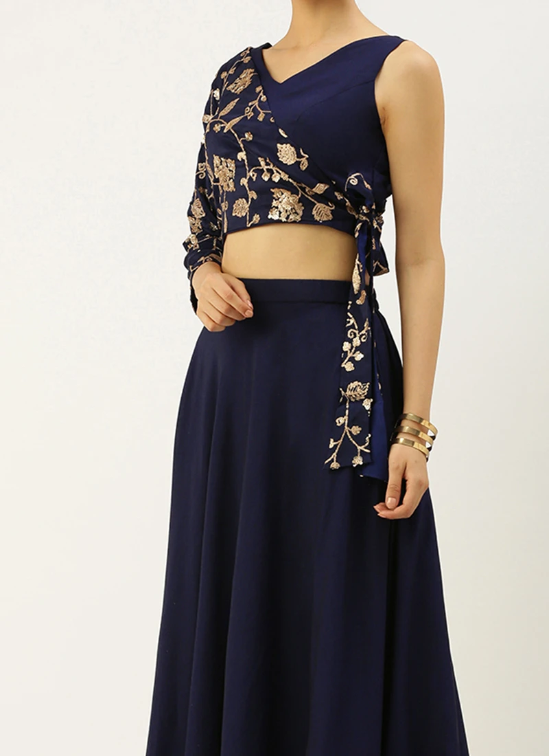 Teen Girls Navy Blue Embroiderd Jacket Style Lehenga Set Festive Wear