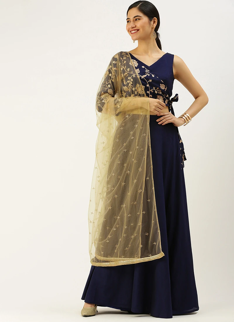 Teen Girls Navy Blue Embroiderd Jacket Style Lehenga Set Festive Wear - Image 3